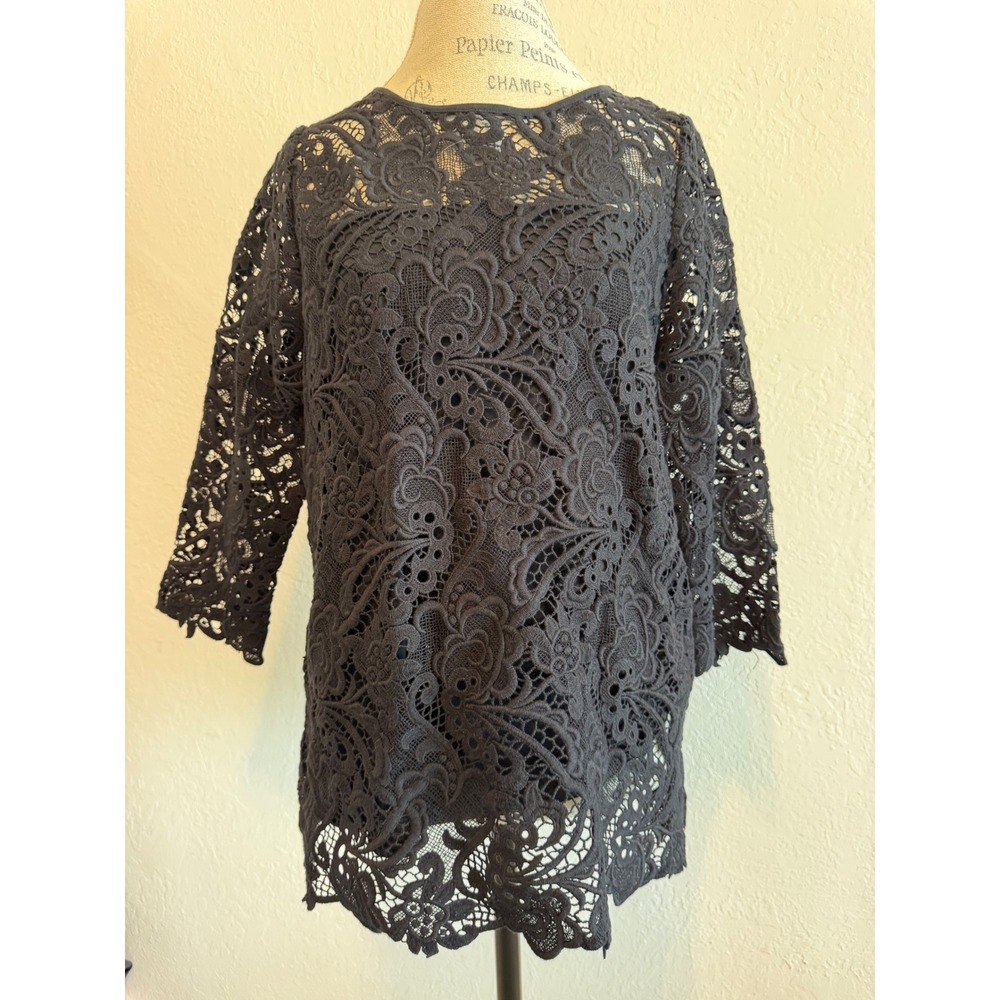 J. Jill Black Floral Guipure Lace 3/4 Sleeve Blouse Lined Cotton Top Medium